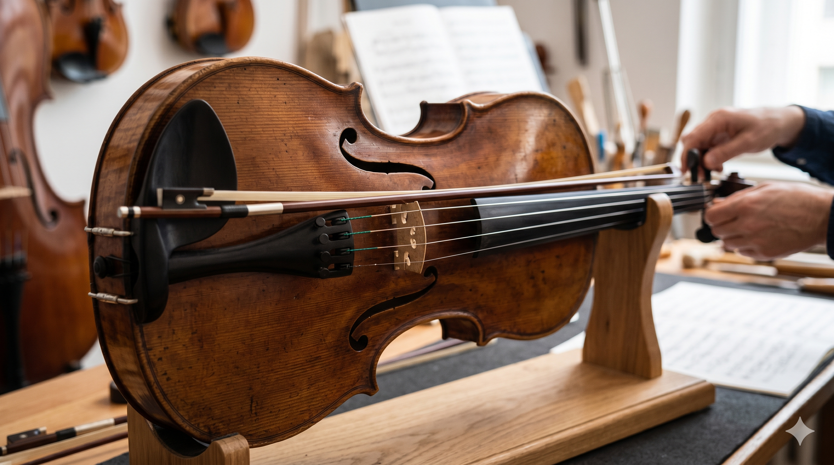 Luthier trabalhando em oficina com ferramentas tradicionais